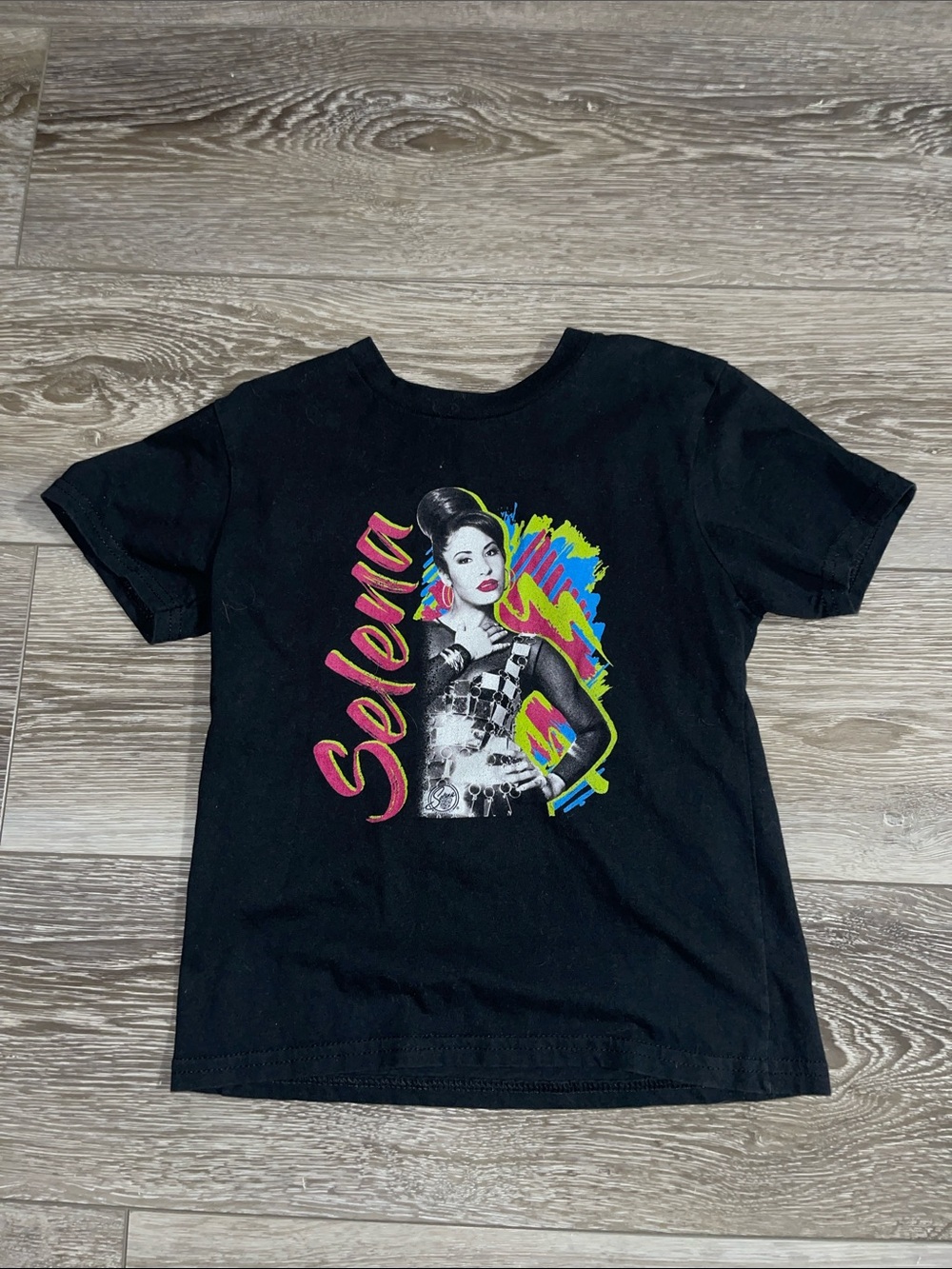 Selena Black Graphic Kids Tee with Neon Pop Portrait